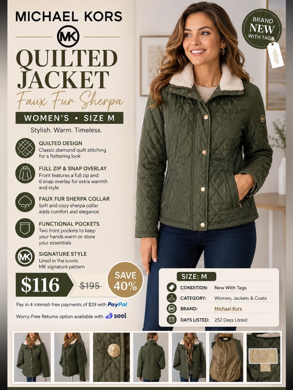 MICHAEL KORS Women's Quilted Jacket Size M. Olive Green Faux Fur Sherpa …